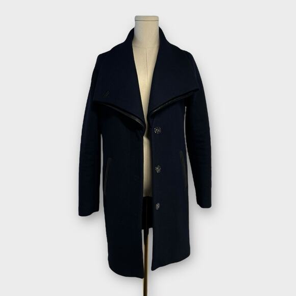 Soia & Kyo Jana Wool Blend Asymmetrical Leather Trim Coat Navy Size Small - Picture 2 of 7